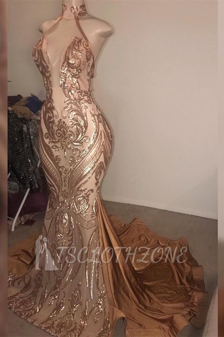 Wunderschöne hohe Hals goldene Meerjungfrau langes Abendkleid echte Modellreihe