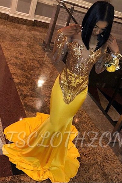 Sexy  Off Shoulder Applique Satin Long Sleeve Mermaid Slim Prom  Gown