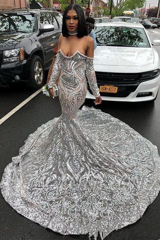 Trendy Langarm Schatz Silber Pailletten Luxus Abendkleid 2022