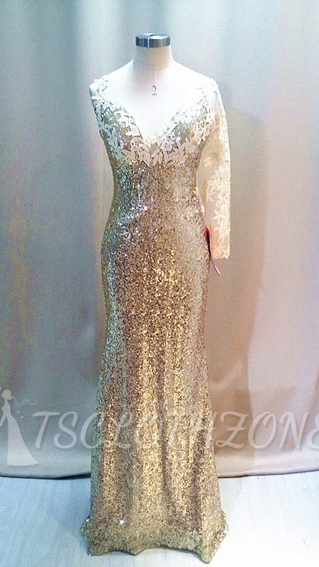 Gold Sequined One Long Sleeve Evening Dresses Sheer Back Sexy Sparkly Long Dresses for Women