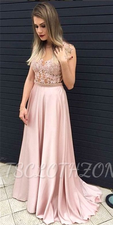 2022 Blushing Pink Long Prom Dress Illusion Pearls Belt Evening Dresses Cheap