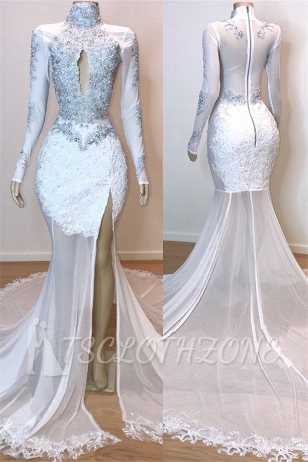 Sexy Side Slit Sheer Tulle Cheap Prom Dress On Mannequins | Long Sleeve Beads Appliques Evening Gowns 2022