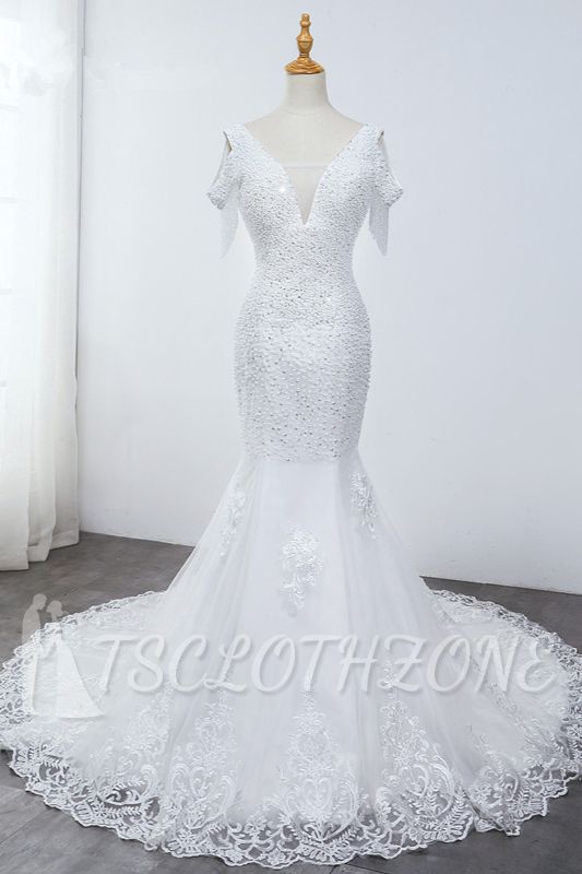 TsClothzone Sparkly Sequined V-Neck Cold-Shoulder White Wedding Dress White Mermaid Lace Appliques Bridal Gowns On Sale