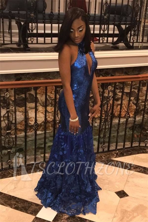 2022 Royal Blue Halter Mermaid Sequins Prom Dresses Lace Sleeveless Evening Gowns with Keyhole