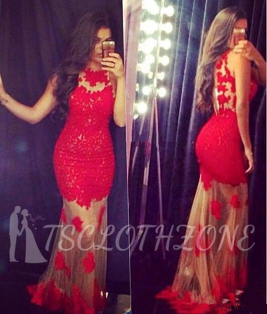 Sexy Mermaid Red Lace Long Evening Dress Popular Fitted Tulle Floor Length Special Occasion Dresses