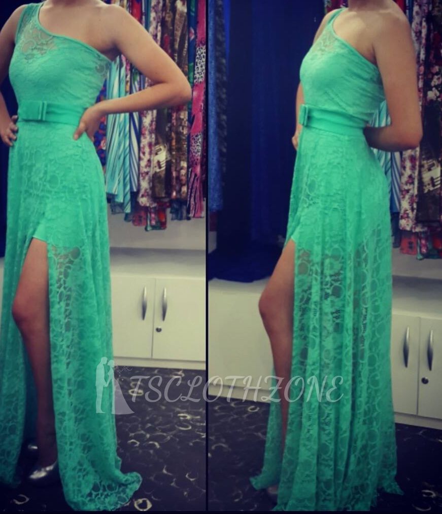One Shoulder Green Lace Sexy Long Prom Dress Latest Floor Length Side Slit Evening Dresses with Belt