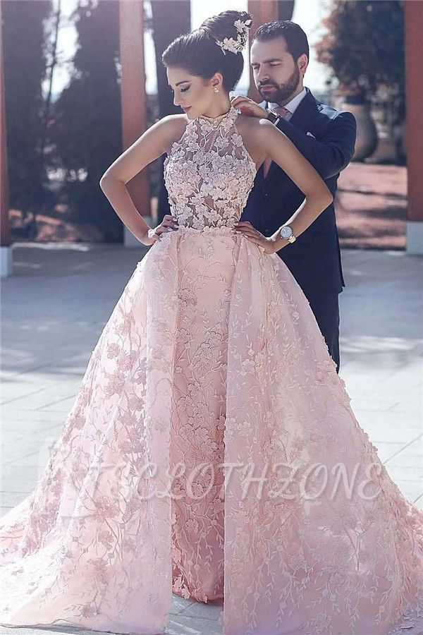 High Neck Unique Flowers Lace Evening Dress Gorgeous Pink Overskirt Prom Dress 2022
