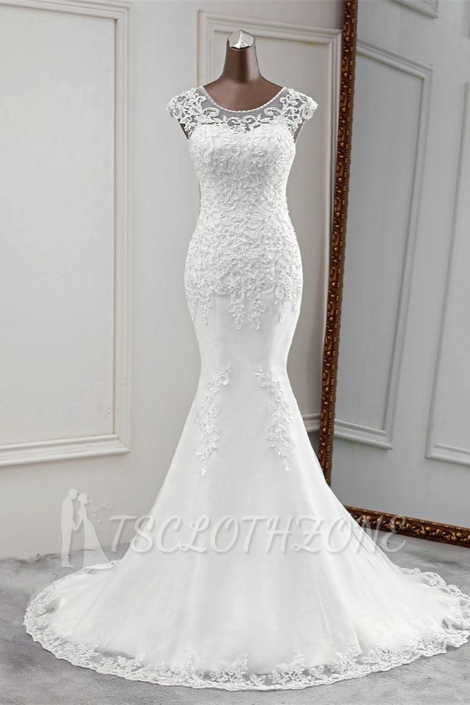 TsClothzone Gorgeous Jewel ärmellose weiße Spitze Mermaid Brautkleider mit Applikationen