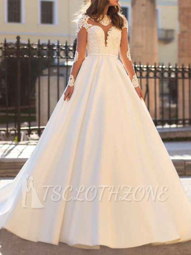 Sexy See-Through A-Line Wedding Dress Lace Long Sleeves Glamorous Backless Bridal Gowns Illusion Detail with Sweep Train