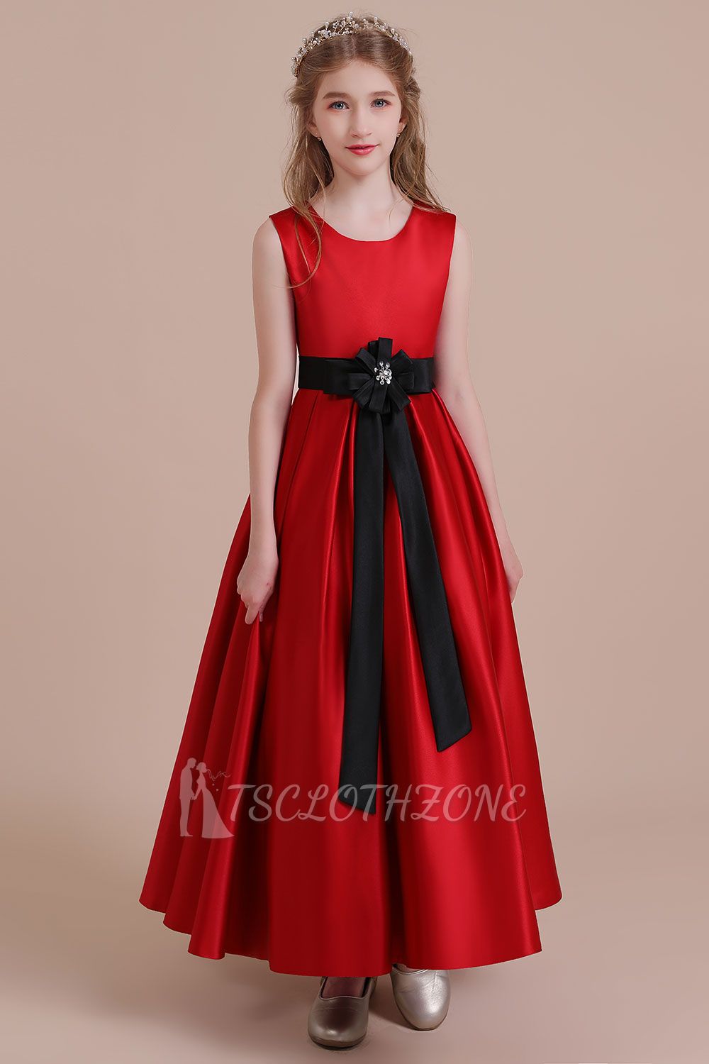 Modest Satin A-line Flower Girl Dress | Elegant Sleeveless Little Girls Dress for Wedding