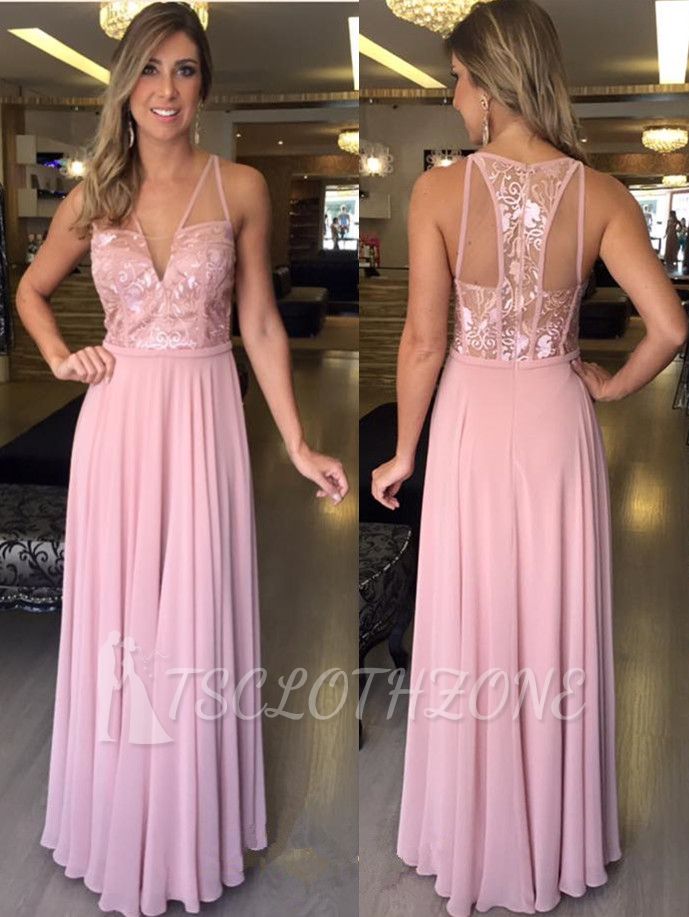 Lace Pink Sleeveless Chiffon Evening Dresses Cheap 2022 A-Line Long V-Neck Prom Dresses
