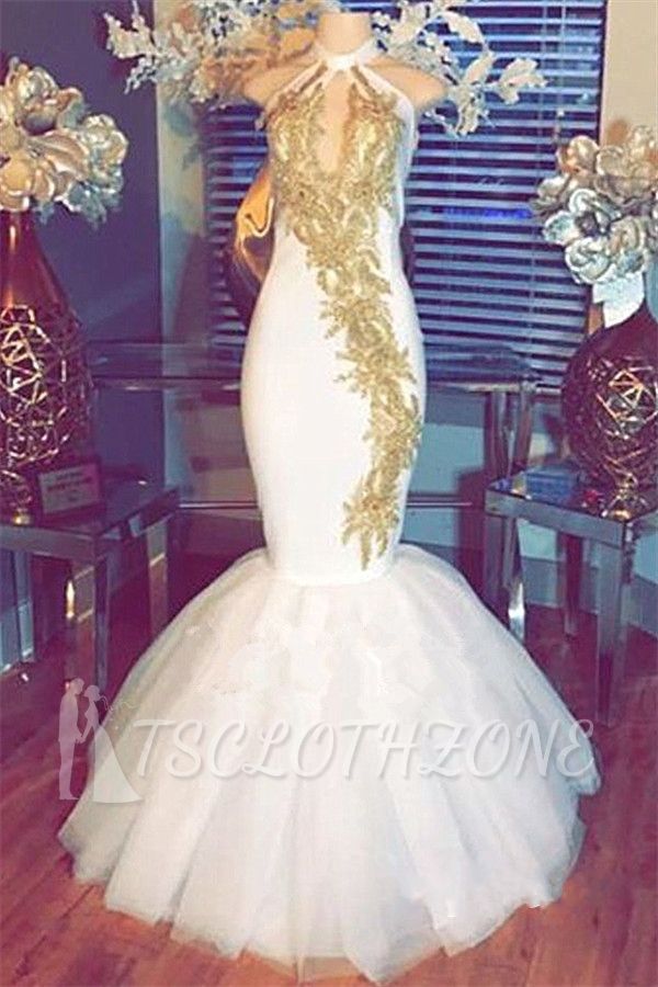 Halter Gold Beads Mermaid Prom Dresses | Sleeveless White Evening Gown With Appliques