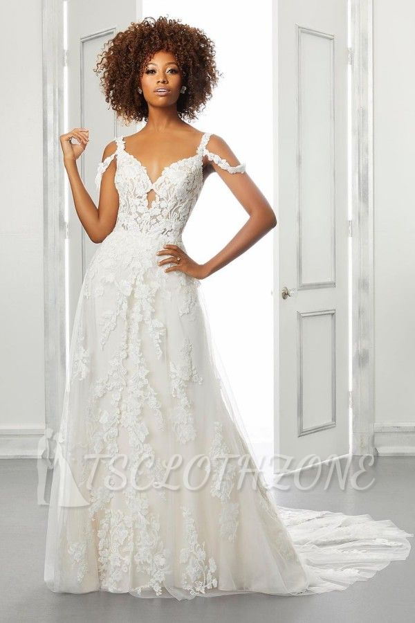 Off Shoulder White Aline Wedding Dress 3D Floral Lace
