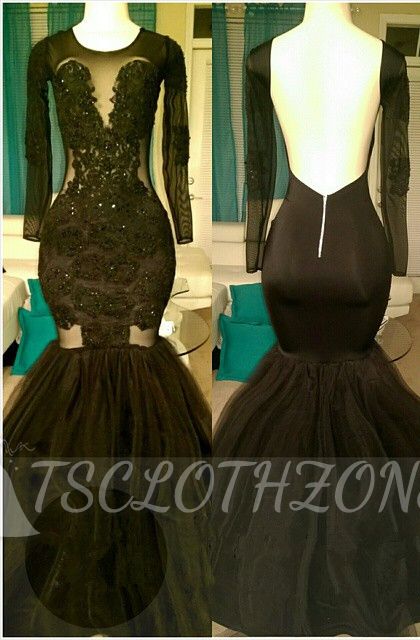 Glamorous Mermaid Backless Black Prom Dresses | 2022 Long Sleeves Appliques Party Dresses