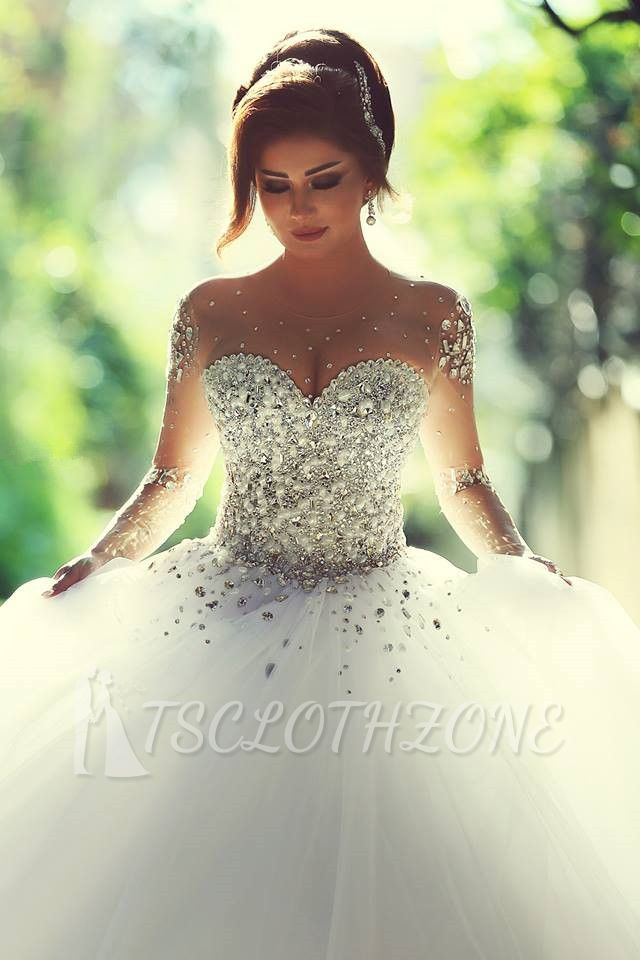 Luxury Crystals Beading Long Sleeves Ball-Gown Wedding Dresses
