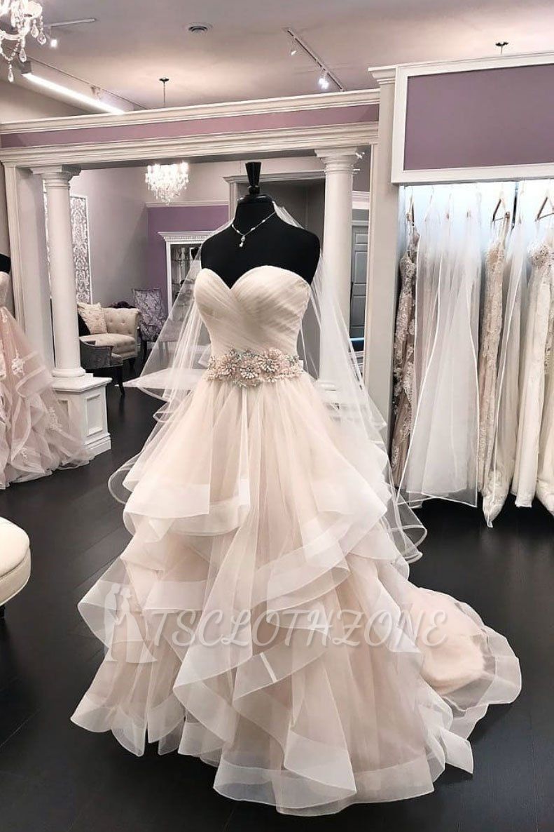 Sweetheart Champange Ruffles Ball Gown Princess Wedding Dress