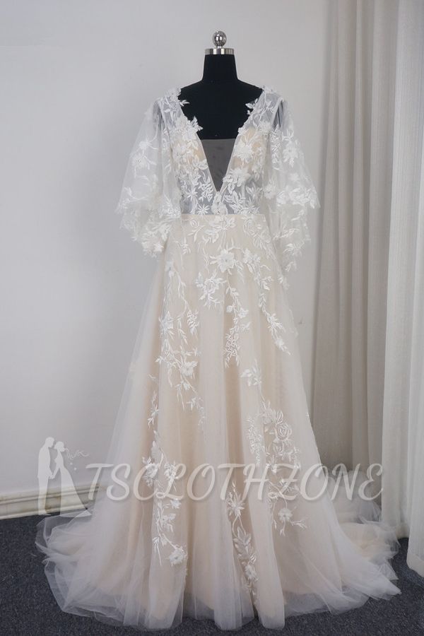 TsClothzone Stylish Long Sleeves V-Neck Tulle Wedding Dress A-Line Appliques Ruffles Bridal Gown Online