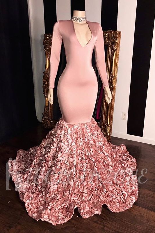 Pink Long Sleeves Flowers Mermaid Prom Gowns | Elegant V-Neck Evening Dress