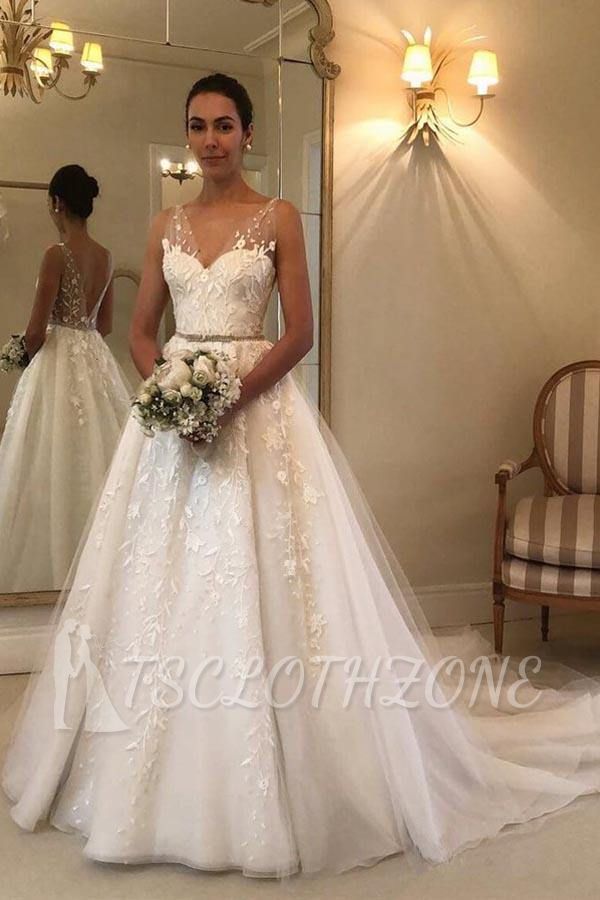 Glamouröse Brautkleider mit V-Ausschnitt Tüll Ärmelloses 3D-Brautkleid mit Blumenspitze