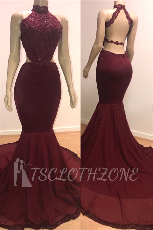 Mermaid Open Back Sexy Burgundy Prom Dresses Cheap | High Neck Lace Evening Gowns 2022