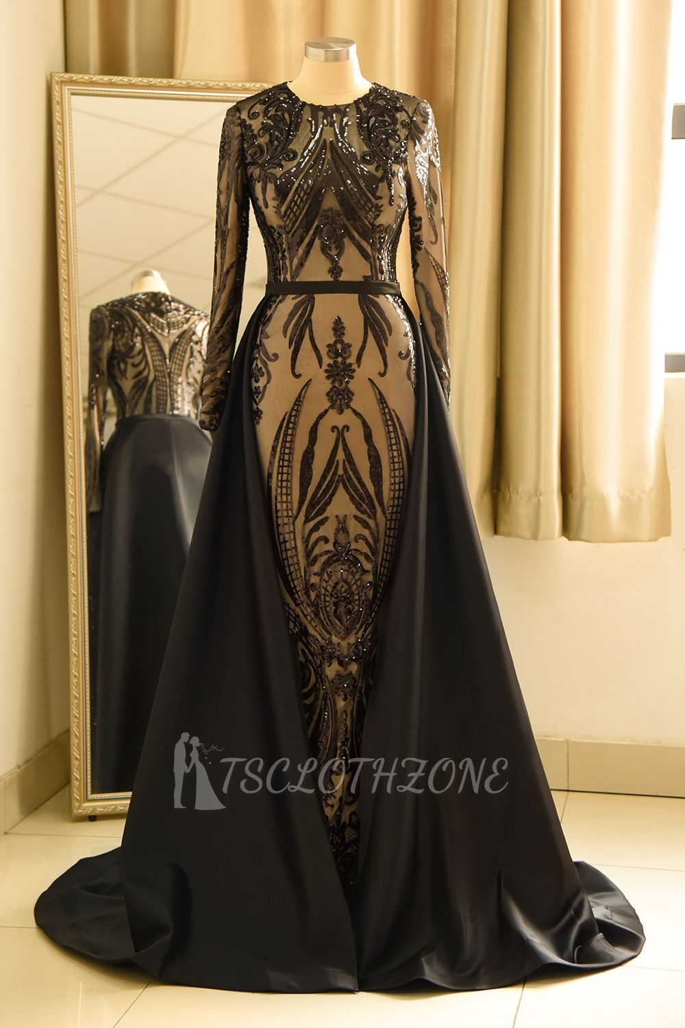 Luxury Round neck Black Sequined Overskirt Prom Dress