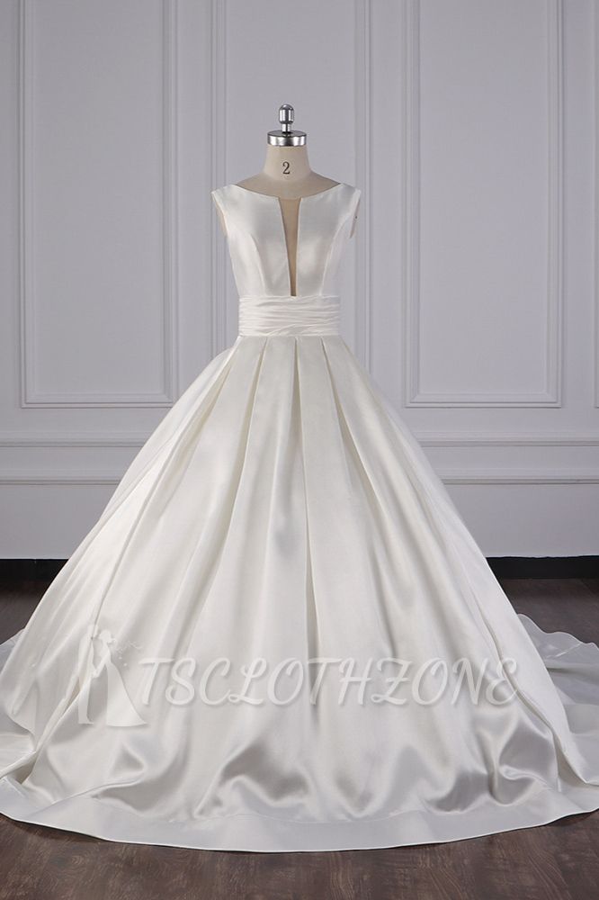 TsClothzone Simple Jewel White Satin Wedding Dress Sleeveless Ruffles Bridal Gowns On Sale