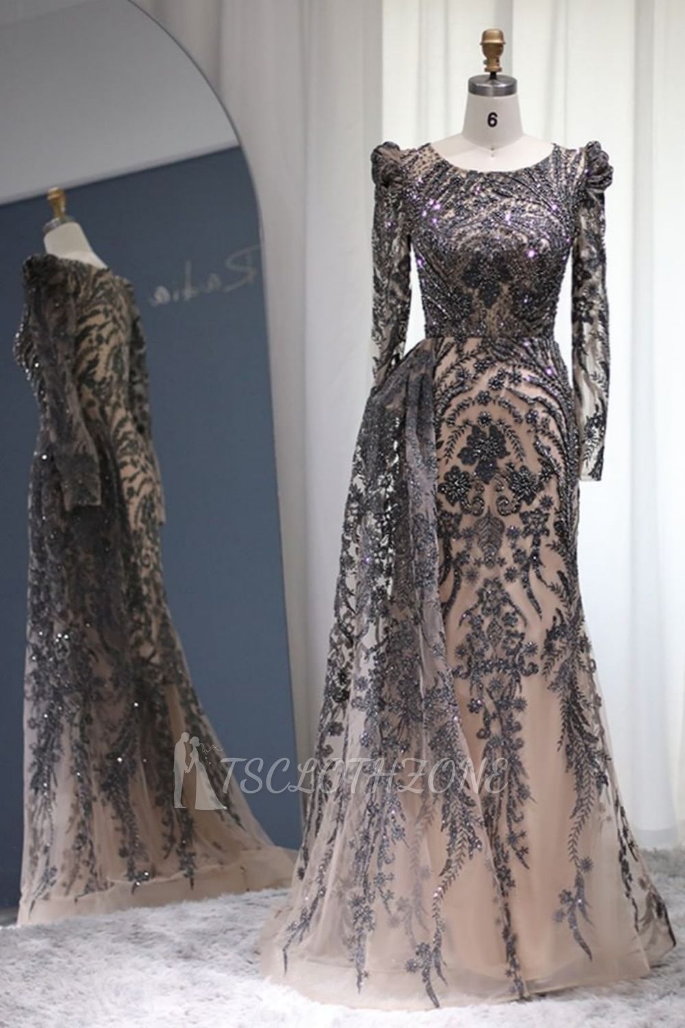 Luxury Scoop Puffy Sleeves Mermaid Evening Gown Sparkly Beading Floral Appliques Formal Dress with Sweep Train
