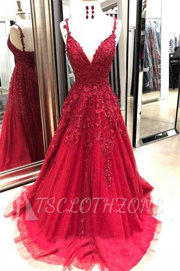 Gorgeous Spaghetti Strap Applique Prom Dresses | Red Tulle Sleeveless Evening Dresses