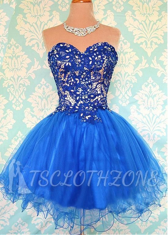 Cute Sweetheart Royal Blue Short Homecoming Dress Crystal Organza Lace Mini Cocktail Dresses