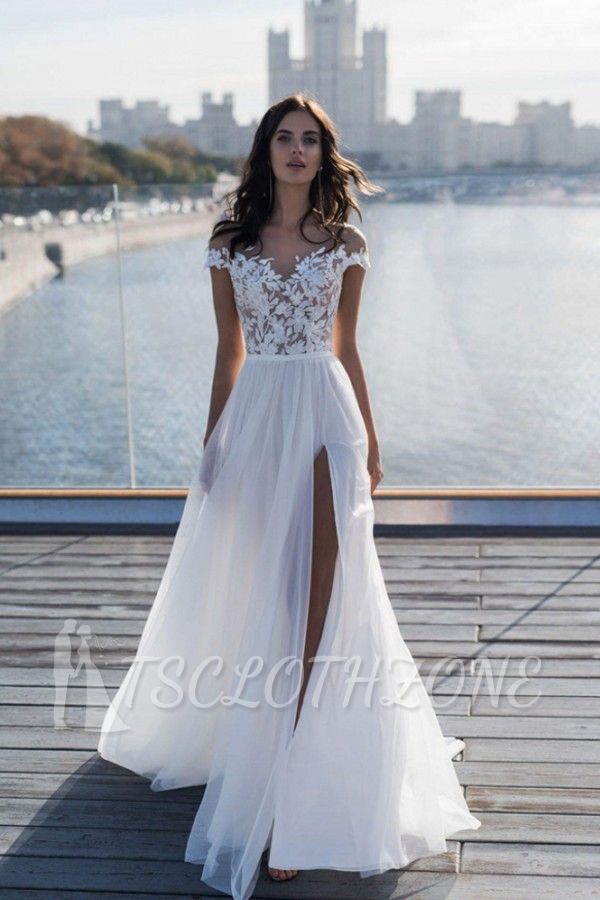 Off The Shoulder Appliques A-line Wedding Dresses | Side Split Tulle Bridal Gowns