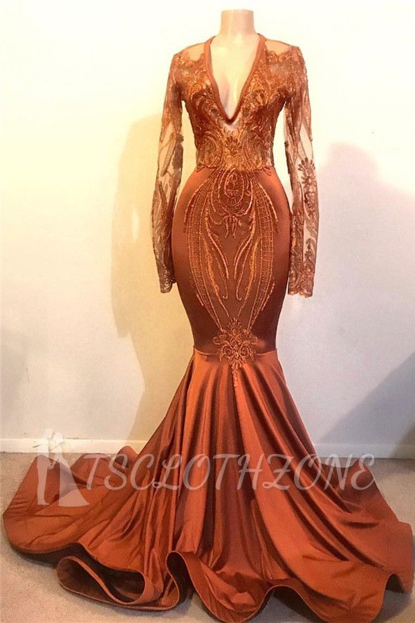 Cheap Dust Orange Mermaid Prom Dresses with Sleeves | V-neck Lace Appliques Real Evening Dress Online 2022
