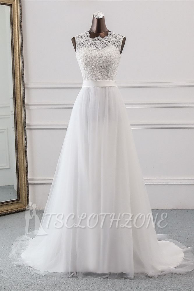 TsClothzone Elegant Tullace Jewel Sleeveless White Wedding Dresses with Appliques Online