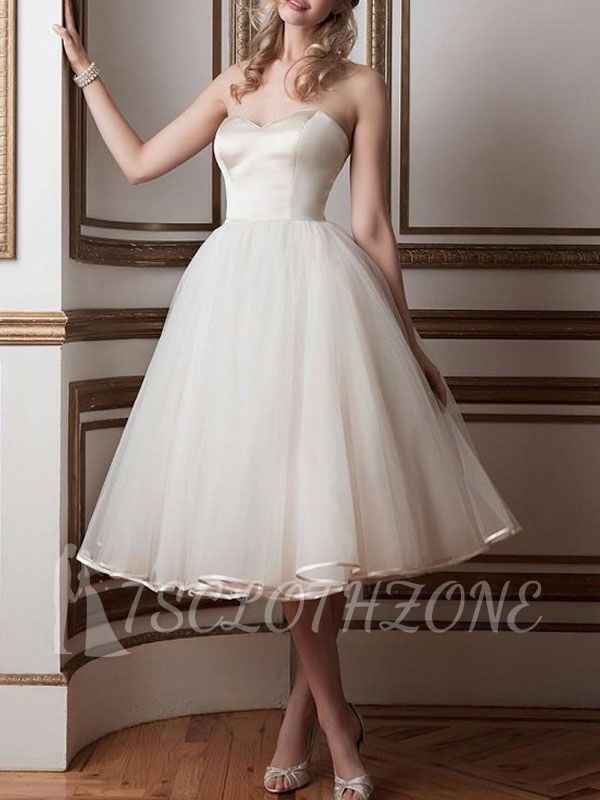 Strapless Sweetheart Tulle Ivory Tea-Length Wedding Dresses