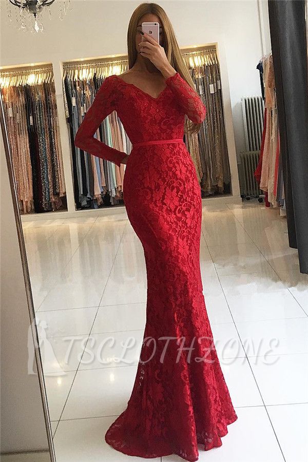 Sexy V-neck Open Back Scarlet Lace Evening Dresses | Elegant Long Sleeve Fit and Flare Wholesale Prom Dresses