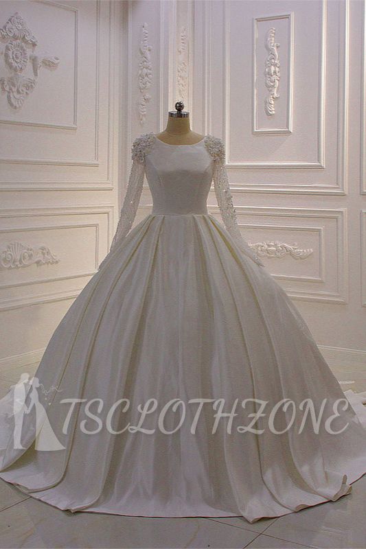 Ivory Long Sleeves Jewel Ruffles Flowers Bedaings Wedding dress