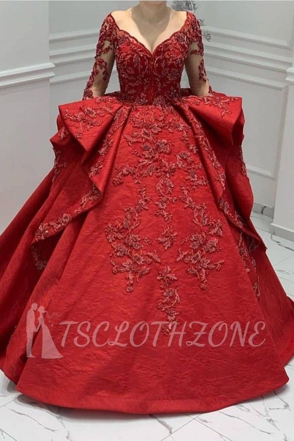 Burgundy Lace Appliques Long sleeves V-neck Ruffles Ball Gowns Evening Gowns