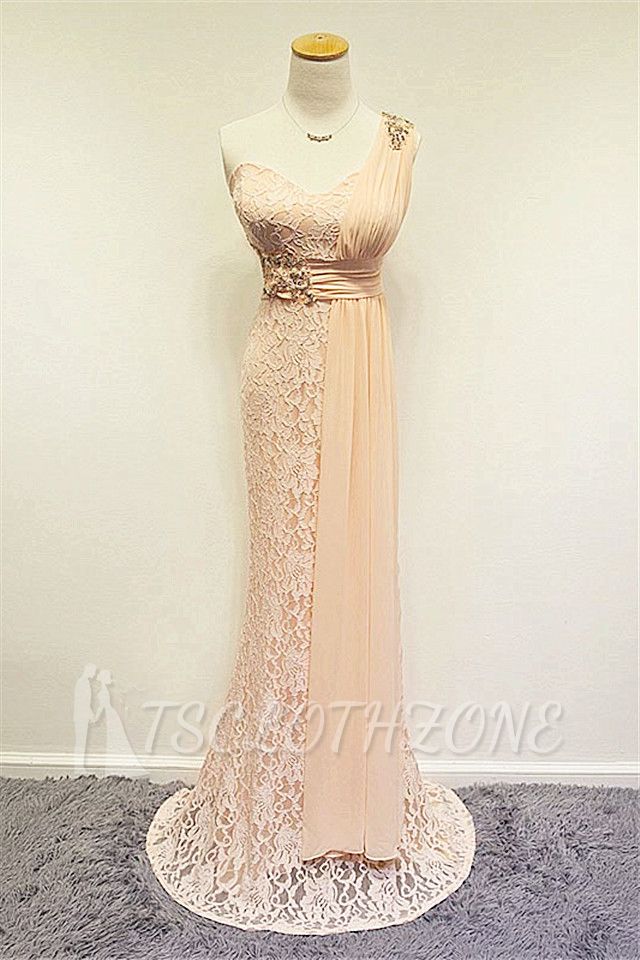 Champagner One-Shoulder-Spitze-Kristall-Meerjungfrau-Abschlussball-Kleid A-Linie beliebte Reißverschluss-lange Abendkleider