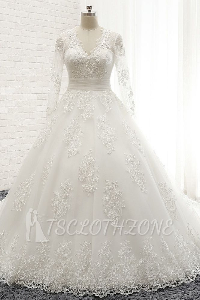 TsClothzone Modest Longsleeves V-neck Lace Wedding Dresses White Tulle A-line Bridal Gowns With Appliques Online