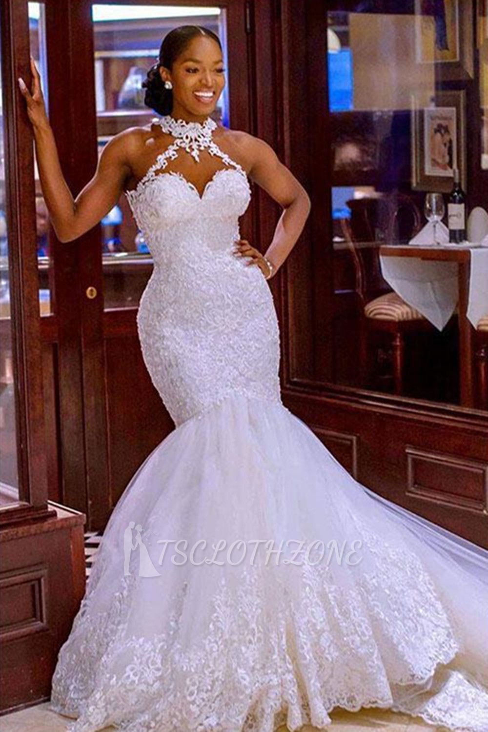 Sexy weißes Meerjungfrau-Hochzeitskleid mit Spitzenapplikationen