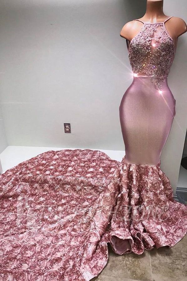 Glamorous Mermaid Pink Prom Dresses 2022 Halter Appliques Evening Dresses