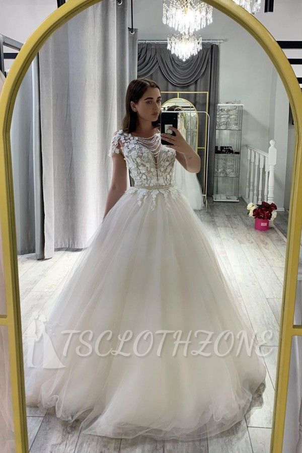 Stylish Short Sleeves 3D Floral Lace Tulle Bridal Dress A-line Wedding Dress