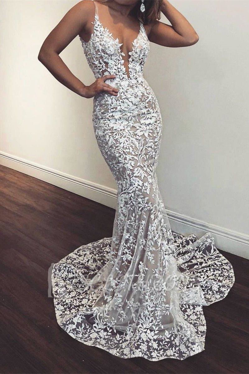 Sexy Mermaid White Lace V Neck Sleeveless Prom Dresses | Party Gowns