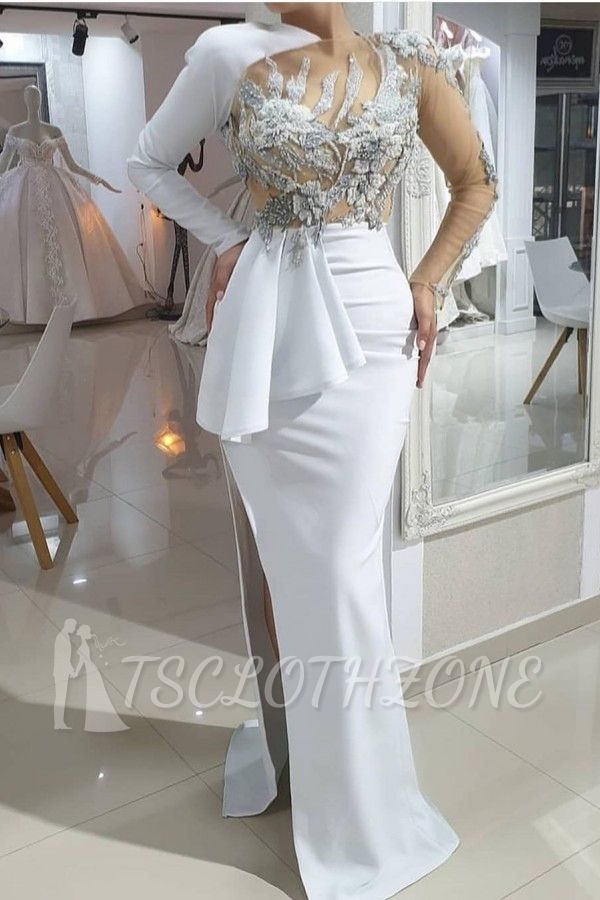 Long sleeves illusion neck white prom dress with high split