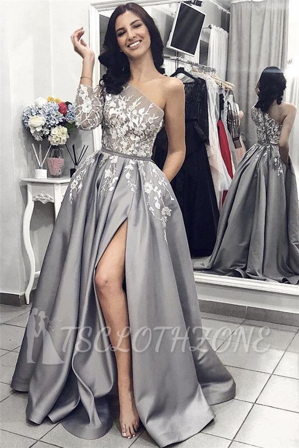 One Sleeve Sexy Slit Prom Dresses | Silver Grey Lace Appliques Long Evening Dresses