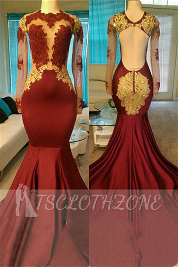 Open Back Gold Lace Burgundy Prom Dress | Mermaid Sheer Tulle Long Evening Gown