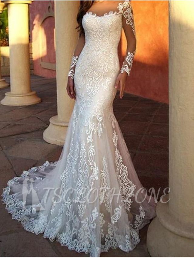 Sexy Mermaid Wedding Dresses Jewel Lace Tulle Long Sleeve Bridal Gowns Sweep Train