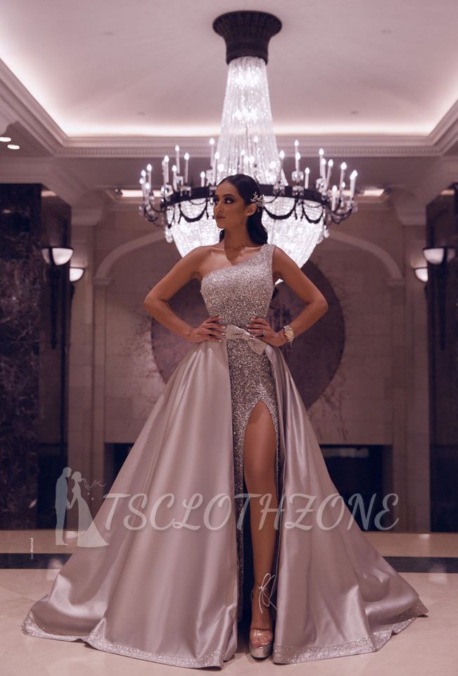 Sexy Shining Beading Sleeveless Prom Dresses With Bow Belt | Evening Gowns With Detachable Skirt