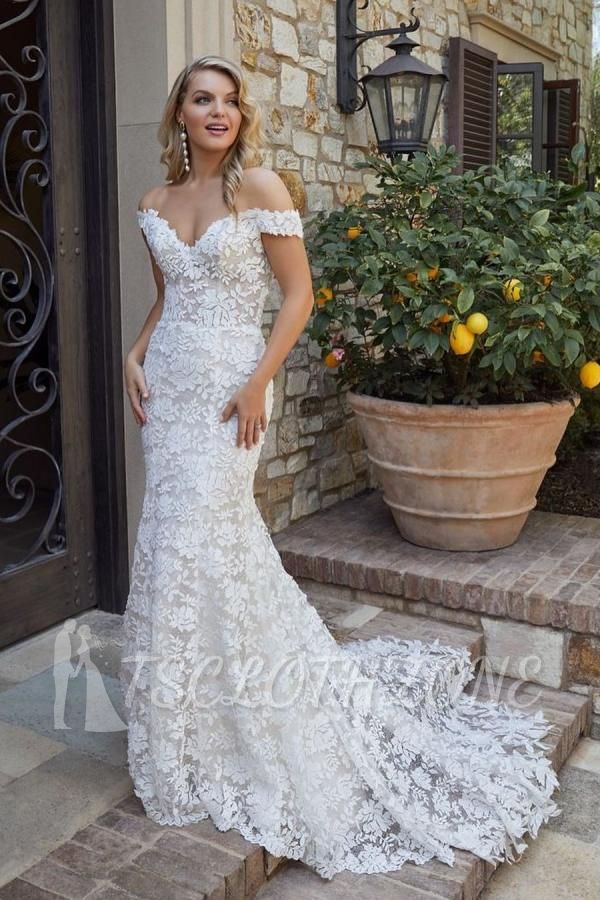 Charmantes schulterfreies Meerjungfrau-Hochzeitskleid mit Blumenspitze
