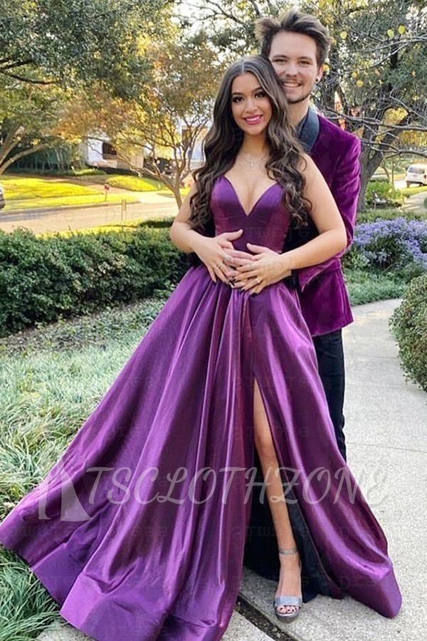 Purple V-neck Princess Satin Sleeveless Prom Dresses