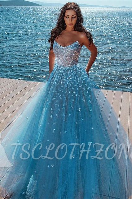 Elegant sky blue Butterfly Strapless Sweetheart Tulle Sparkle Prom Dress